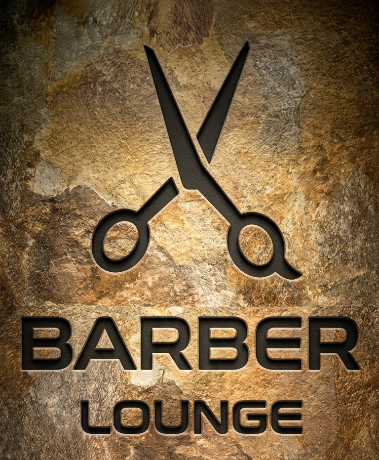 Barber Lounge Temse muurbord met schaar-logo en merknaam op natuurstenen muur, sfeervolle spotverlichting in de barbershop